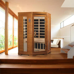 Golden Design Low EMF 2-Person Dynamic "Heming" FAR Infrared Sauna Corner Unit with Hemlock Wood | Model: DYN-6225-02