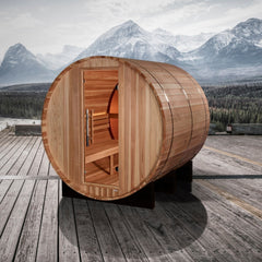 Golden Designs "Zurich" 4-Person Outdoor Barrel w/ Bronze Privacy View - Traditional Steam Sauna -  Pacific Cedar