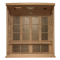 Golden Designs Near Zero EMF 4-Person Maxxus FAR Infrared Sauna Corner Unit with Hemlock Wood | Model: MX-K406-01-ZF